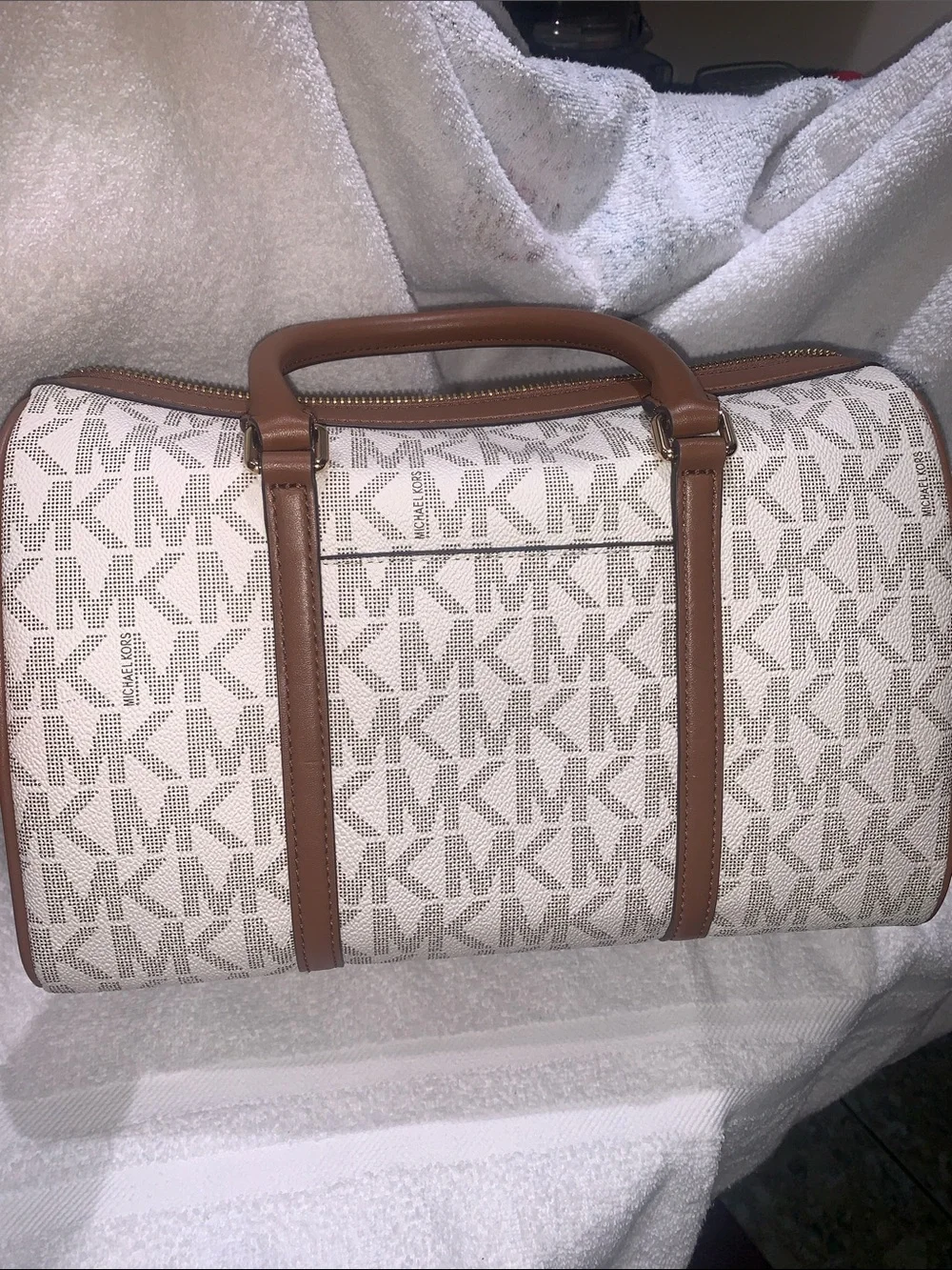 Michael Kors Brown and Cream MK Signature Satchel with Stripe